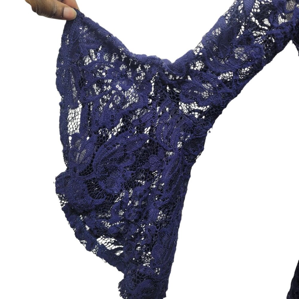 Teeze Me Women’s Blue Lace Off-Shoulder Dress Size 11 Bell Sleeve Cocktail Party - Picture 3 of 8
